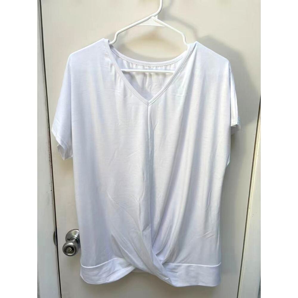 White V-Neck Twist Hem Casual T-Shirt Women's Short Sleeve Summer Top Medium